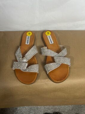 Steve Madden Silver Crystal Cross-Strap Slide Sandals
